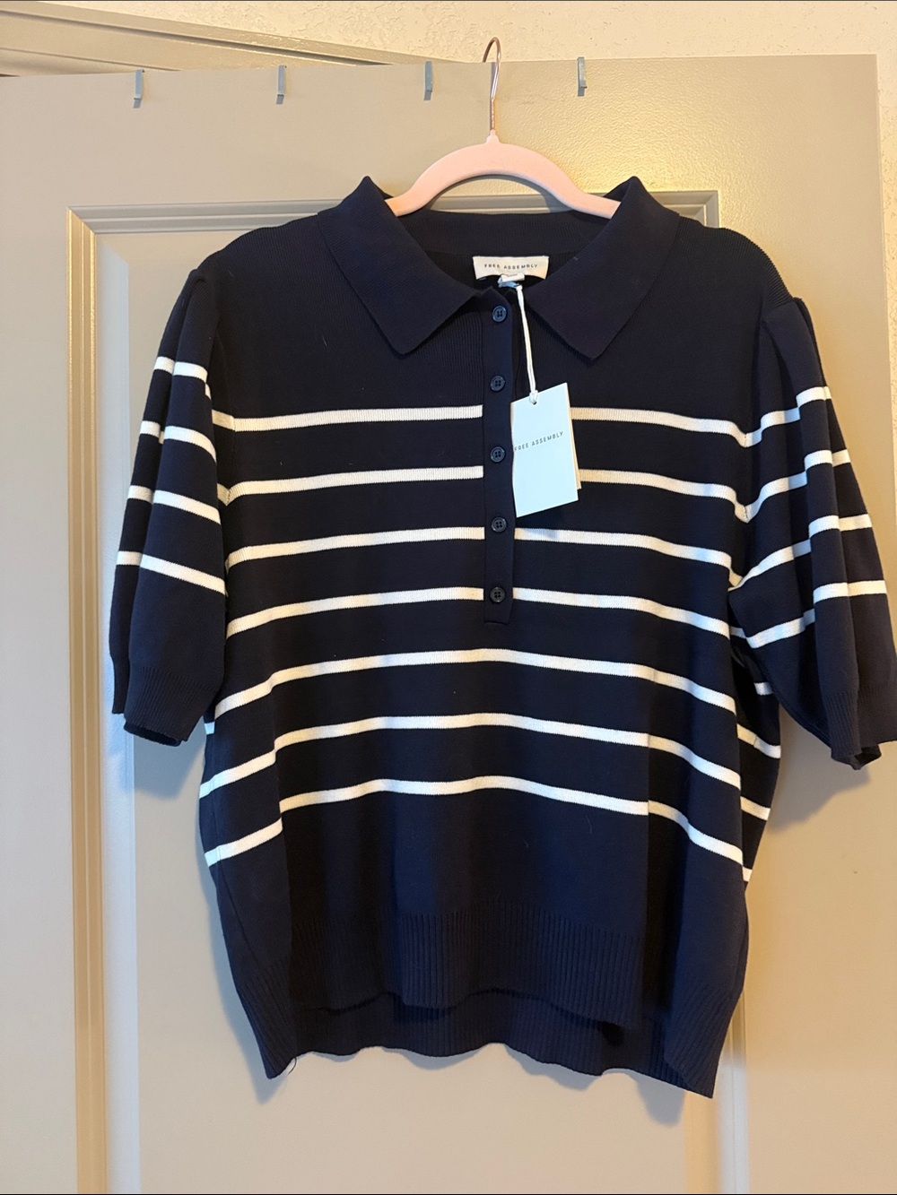 Free Assembly Stripe Polo Knit Top - Navy & White